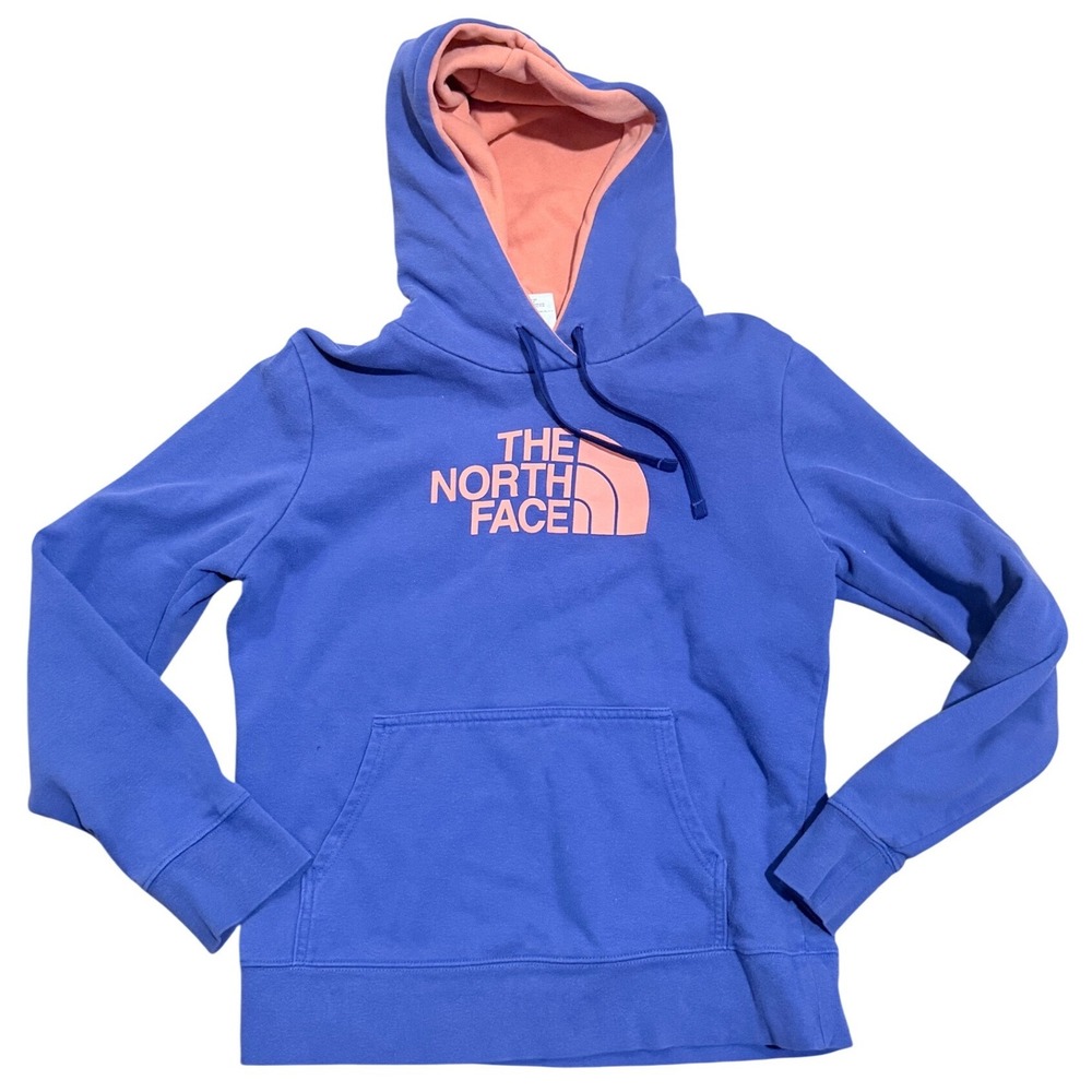 The North Face Womens Hoodie Medium Purple Blue Coral Pink Logo Pullover Fleece